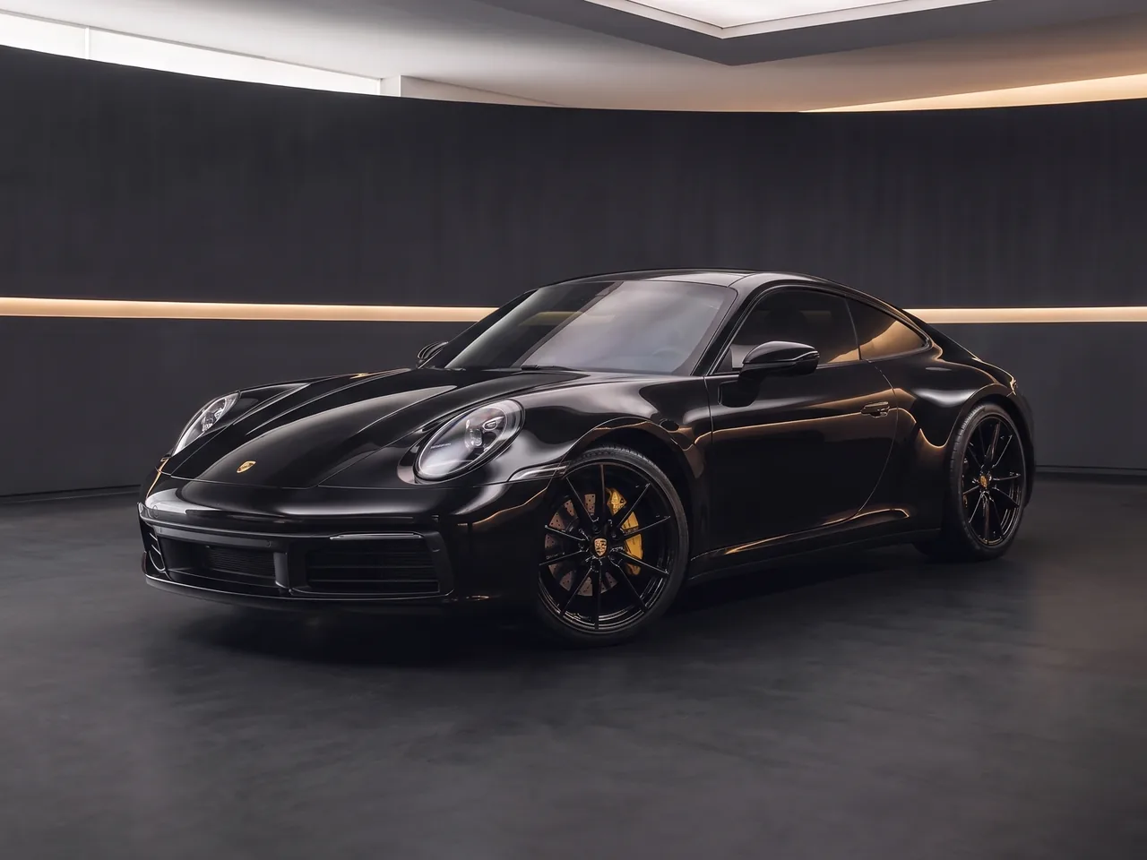 Porsche 911 Carrera preto em showroom arquitetônico, imagem ilustrativa